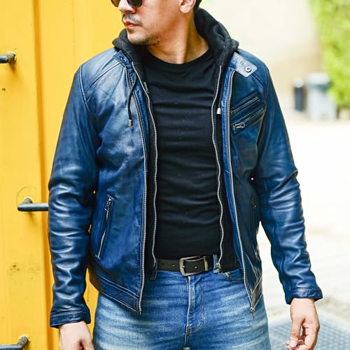 Image of Jild Hooded 2.0 Leather Jacket Men - Genuine Lambskin Leather Bomber Jacket with Removable Hood for Mens Fashion