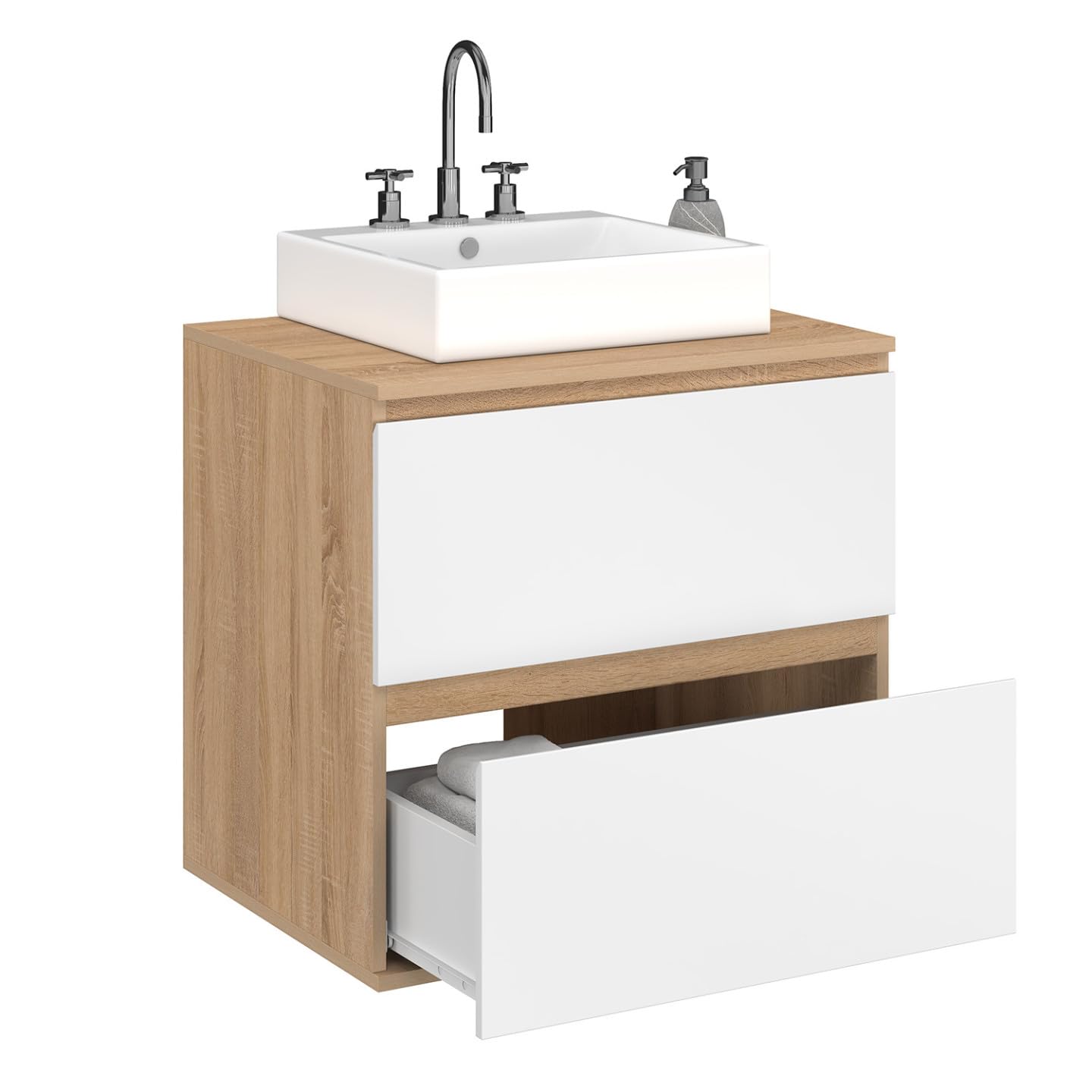IDMarket - Mueble de baño con 2 cajones suspendidos TOMI en haya y blanco