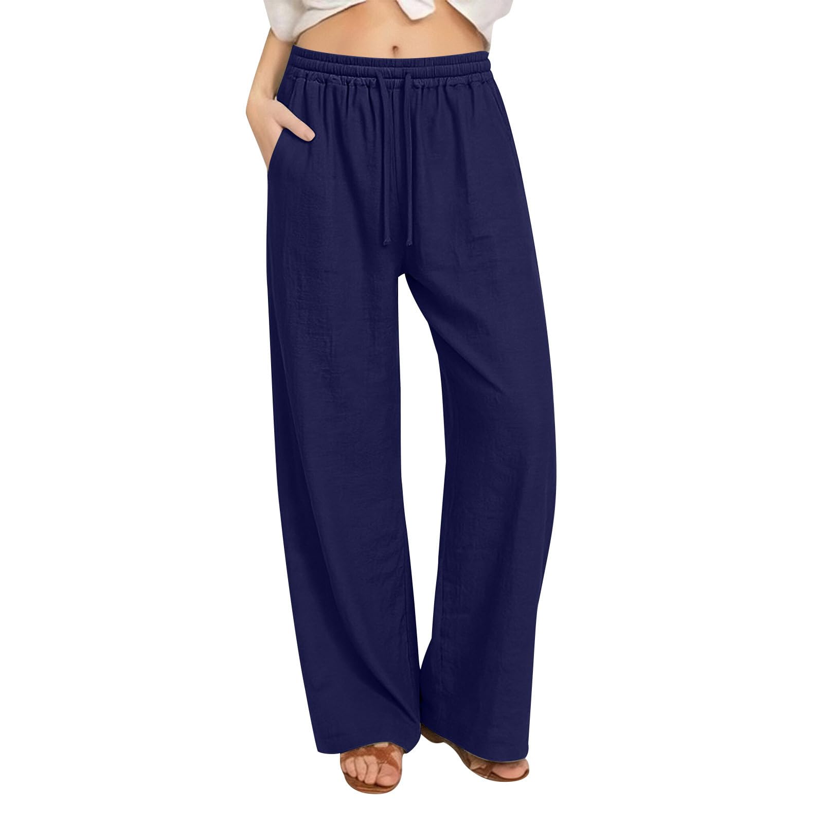 Leinenhose Damen Sommer Lang Palazzo Hose Leicht Einfarbig Sommerhose Bequem Strandhose Weite Bein Hosen Elegant Baumwolle Leinen Freizeithose mit Taschen Stoffhose Freizeithose