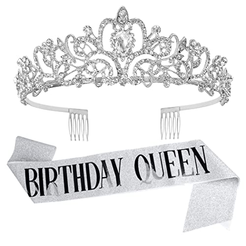 AOPRIE Birthday Crown for Women Happy Birthday Queen Sash Silver Tiara for Women Princess Crown Rhinestone Accessories Party Favor