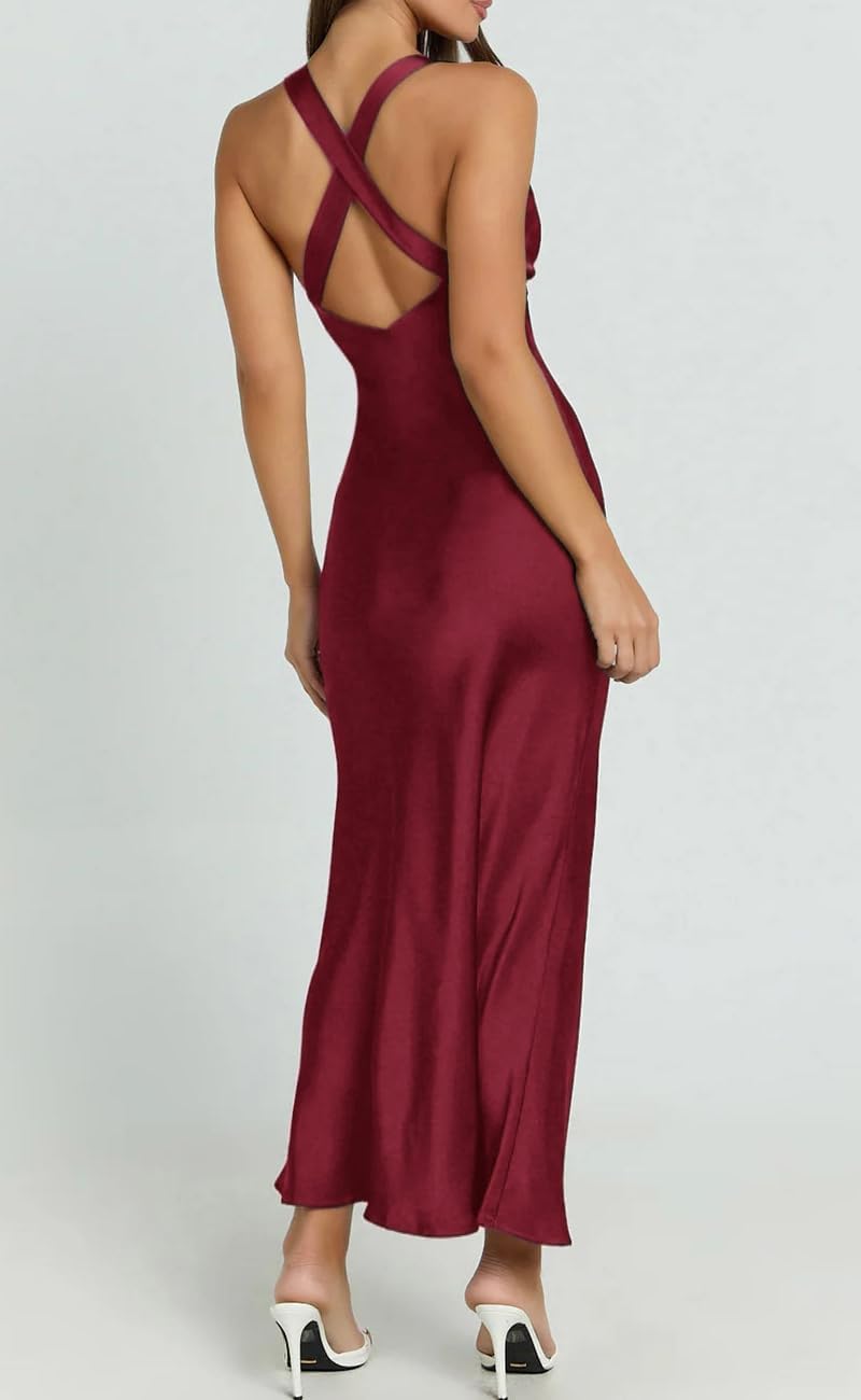 Summer Satin V Neck Backless Maxi Dresses for Women 2026 Silk Sleeveless Formal Bridesmaid Wedding Guest Dress - Image 2