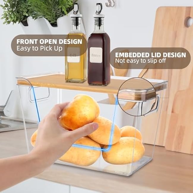 2 Set Pantry Organizers and Storage - Stackable Pantry Storage Bin Containers for Potato, Onion, Garlic, Fruit, Vegetable, Produce - Clear Front Open Kitchen Organization Baskets with Lid