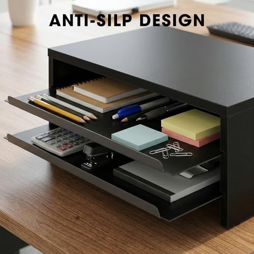 Image of Fenge 42.5Inch Corner Monitor Stand with Drawer, 3-Tier Monitor Riser with Slide-Out Tray