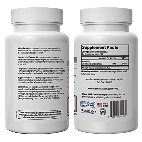 Superior Labs — Best Vitamin B6 Dietary Supplement — 50 Mg Dosage ,120 Vegetable Capsules —Supports Immune System Health — Healthy Brain Function — Cardiovascular Health Support #TOP1