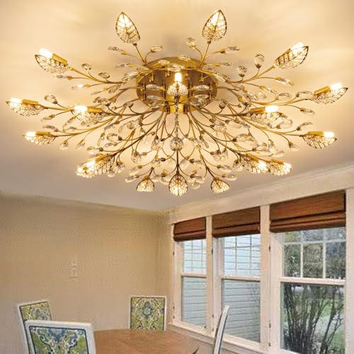 Ridiss Modern Crystal Ceiling Light Fixture,Semi Flush Mount Chandeliers,Crystal Leaf