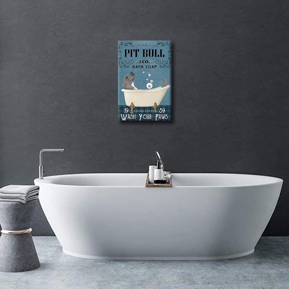 Funny Decor Pit Bull Bathroom Wall Decor Dog Poster Farmhouse Decor Bulldog Canvas Framed Wall Art Bathtub Decor Home Toilet Wall Decoration Ready to Hang - Image 2