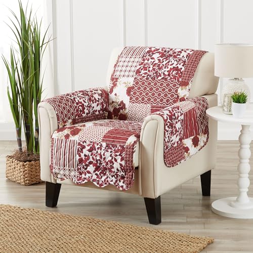 Image of Great Bay Home Reversible Patchwork Chair Cover - Washable Slipcover Furniture Protector with Elastic Straps - Perfect for Kids & Pets - Box-Stitched Detail (Burgundy)