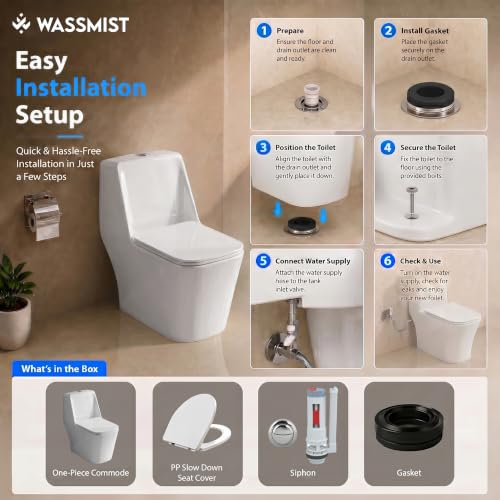 Image of WASSMIST Commode Toilet | One Piece Western Toilet for Bathroom with 10 Year Glaze Warranty | PP Soft Close Seat Cover | 225 mm S Trap