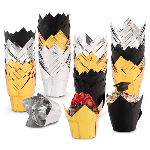 150 Pcs Graduation Tulip Cupcake Liners 2024 Congrats Grad Aluminum Foil Paper Baking Cups Greaseproof Muffin Liners Holders Graduation Cap Cup Cake Paper Cup Tulip Cupcake Wrappers for Party