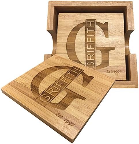 Griffco SupplyPersonalized Bamboo Wood Coasters - Set of 4 Square Coasters for Drinks, Wedding Gifts for Couple