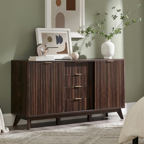 T4TREAM 60" Fluted Dresser with Sliding Doors and 4 Drawers, Modern Chest, Curved Profile Design, Dresser TV Stand, Wood Drawer Organizer for Bedroom, Living Room, Dark Walnut