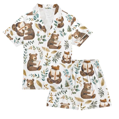 ALAZA Brown Bear Leaf Book Pajamas Satin Pajama Set Short Sleeve Button Down Sleepwear