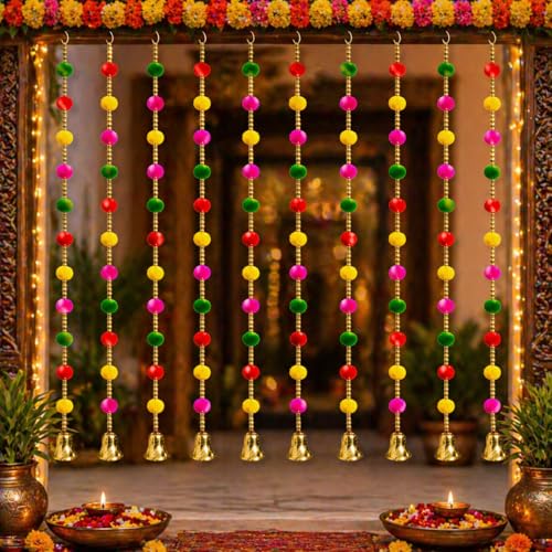 Image of Bindian Multicolor Pom Pom Beads & Golden Bell Toran for Main Door, Pack of 5 Door Hanging Decorative Items, Home Decor Wall Hanging Decoration, Pooja Room Decor, Festival Decoration
