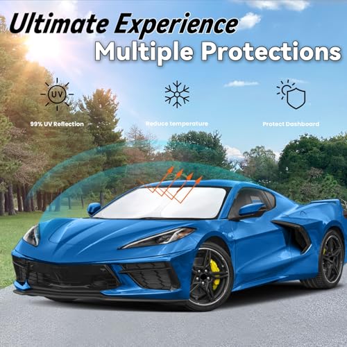 Image of Windshield Sun Shade for Chevy Chevrolet Corvette 2020-2024, Car Front Window Sunshade with 240T Sun Visor Protector Blocks UV Rays Heat Sun Shield Accessories