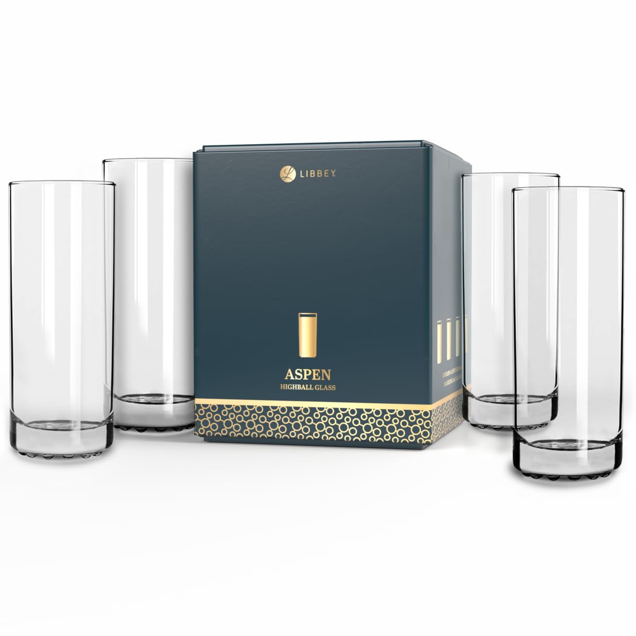 Libbey Aspen Highball Drinking Glasses Set of 4 10 5 Oz Clear Stylish Retro Tall Glass Cups Modern