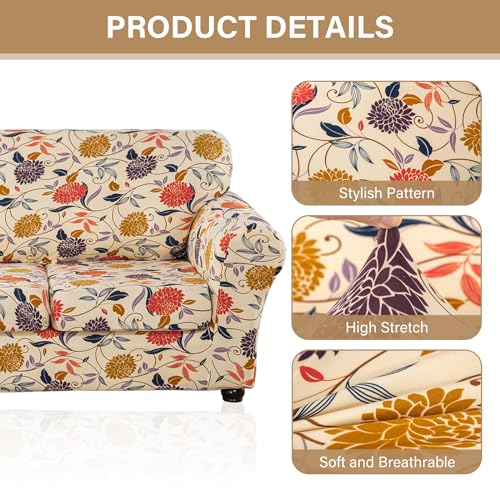 Lamberia Printed Sofa Cover for 2 Cushion Couch High Stretch Sofa Slipcovers 3 Piece Loveseat Slipcover with Two Separate Cushion Covers Elastic Bottom Floral Pattern (Vine Flower, Loveseat) - Image 4