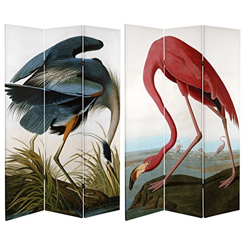 Red Lantern 6 ft Tall Double Sided Audubon Heron Flamingo Canvas Room Divider 3 Panel Freestanding Folding Privacy Screen Partition and Separator for Modern and Contemporary Bedroom Home Office