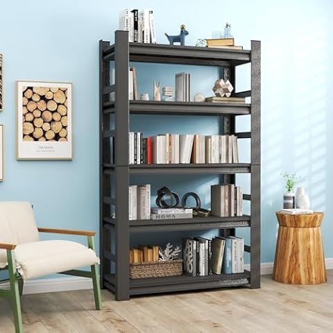 BEESTMUEBLE 5-Tier Bookshelf, Industrial Large Bookcase, Tall Rack with Fences, Modern Book Shelf for Bedroom, Living Room and Home Office, 32" W*15.7" D*63" H, Black Cover