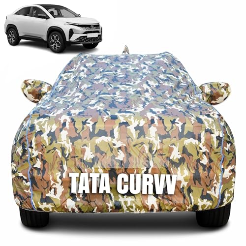 Image of 100% Waterproof Car Body Cover for Tata Curvv with Mirror Pocket (Heat & UV Resistant, Triple Stitched, Soft Lining, Bottom Elastic & Piping) Camouflage, Military Print