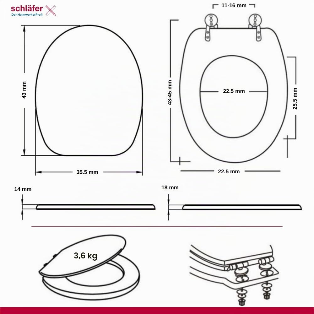 Schläfer 4638201 | Sedile Wc Nero, Copriwater Universale Colorato per Bagno, Coprivaso Weser, Tavoletta Copri Wc Bagno in Legno, Cerniere Regolabili in Ottone Cromato, Copritazza per Wc Forma Ovale.