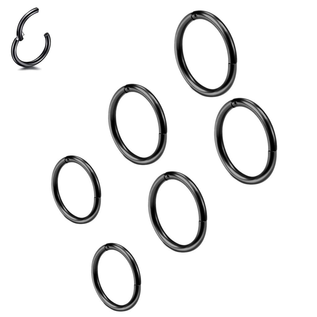 Haosell 6 unidades de 8/10/12 mm 16 g acero inoxidable anillo de nariz negro mujer hombre septum clicker anillo nariz set oreja labios nariz piercing labio cartílago aro aro para hombres mujeres, Acero