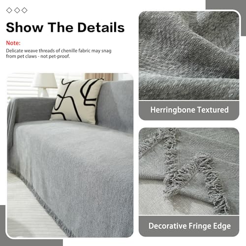 DREAMINGO Modern Minimalism Light Grey Couch Cover Sectional Sofa Covers for 3 Cushion Couch Washable Chenille Pet Couch Protector for Dogs Boho Herringbone Sofa Furniture Slipcover, 71"x150" — view 3