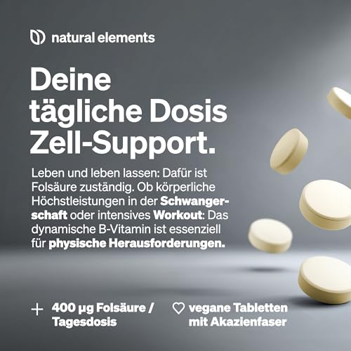 natural elements Folsäure – 400 Tabletten – 400 mcg pro Tagesdosis – Kinderwunsch und Schwangerschaft – vegan, hochdosiert, ohne unnötige Zusätze – in Deutschland produziert & laborgeprüft 3