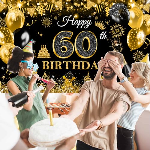 Image of Avezano Happy 60th Birthday Banner for Men Black and Gold Glitter Balloon 60 Birthday Party Backdrop 60 Year Old Bday Photo Backdrop Party Supplies 70.8 x 43.3 Inch