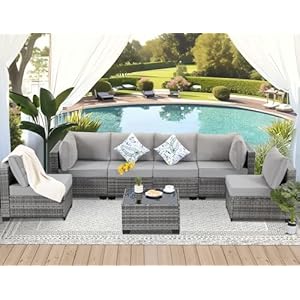 7 Pieces Outdoor Patio Furniture Set, Wicker Sectional Sofa Set Rattan Modular Patio Conversation Sets with Cushions Couch Set & Coffee Table for Outside, Garden, Balcony, Porch, Grey