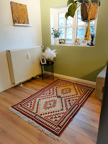 STYLE-By-KRIEGER Kelim Teppich mit Fransen, Webteppich groß 120 x 180 cm, Kilim doppelseitig, Flickenteppich, Fleckerlteppich, Wendeteppich mit 2 Seiten, Maschinenwäsche und Outdoor geeignet, Rot Cover