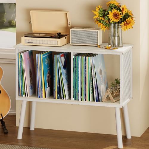 Simple Serenity Record Player Stand, Large Vinyl Record Storage with Adjustable Divider, Holds Up to 200 Albums, Multifunctional Vintage Turntable Stand for Living Room & Bedroom, Patent Pending