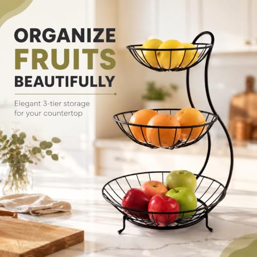 Image of Homeor Counter Top 3-TierFruit & Vegetable Basket For Dining Table, Centre Table I Metal Fruit Bowl or Bread Basket Vegetables Storage Organizer Holder I Multi-Purpose Basket for Kitchen & Home, Black