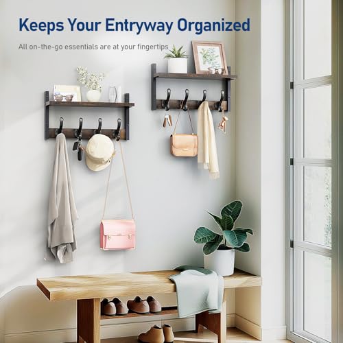 Image of Tatub 16 inch Rustic Coat Rack Wall Mount with Shelf, Wall Hooks with Shelf, Heavy Duty Entryway Organizer Hangers for Hanging, Hat, Bag, Jacket for Bathroom, Living Room, Bedroom