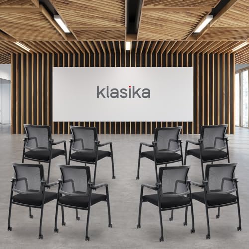 KLASIKA Waiting Room Chairs with Wheels, Adjustable Mesh Backrest, Desk Chair with Ergonomic Lumbar Support and Thickened Seats Cushion, 8 Pack Black
