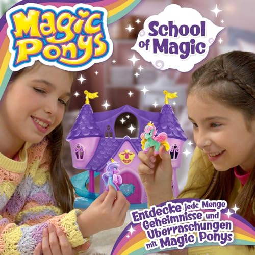MAGIC PONYS Magiczna Szkoła Playset - Duży zamek Zabawka z 2 ekskluzywnymi kucykami i efektem świetlnym - jednorożec dla dziewczynki od 3 lat, świetny pomysł na prezent