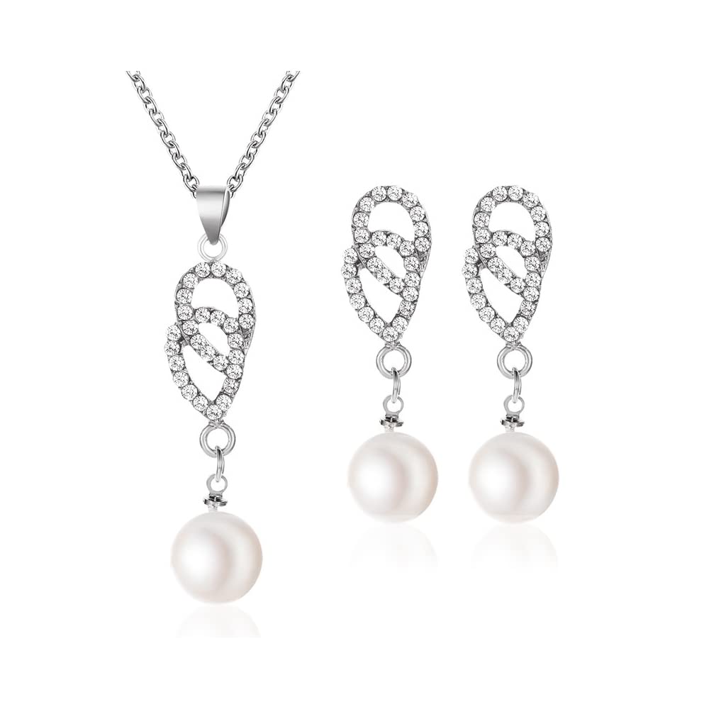 QKEPCY Perlas Conjuntos de Joyas Lágrima para Mujer Perlas Collar con Colgante y Pendientes Zirconia Cúbica Juego Conjuntos de Joyería de Joyas de Novia Boda Navidad San Valentín Regalos