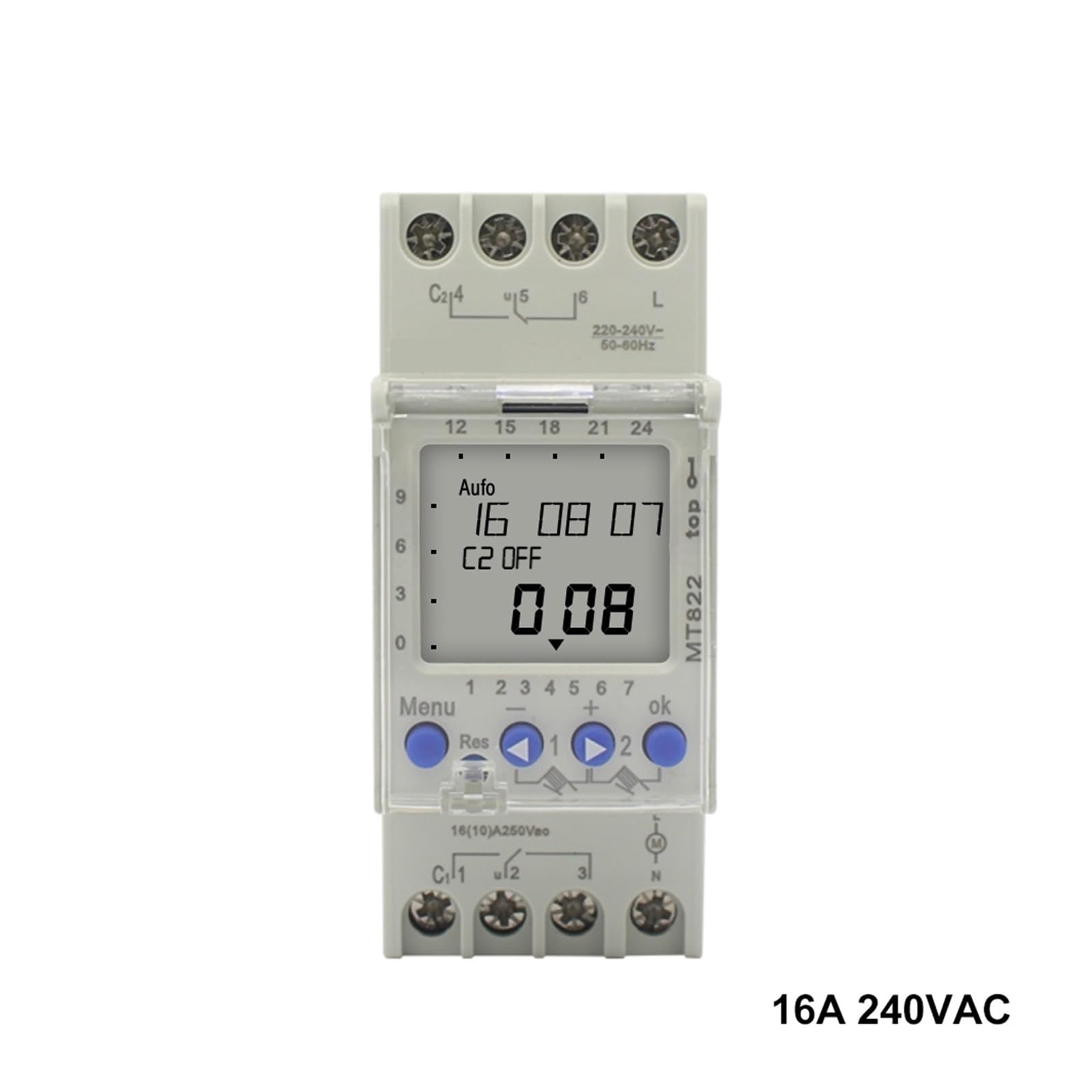 Interruptor Temporizador Digital Multifuncional MT822 de 250 V CA, 2 Canales, con Pantalla L/C/D y Ciclo de 7 días