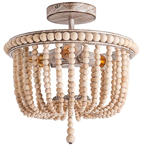 Wood Beaded Chandelier Farmhouse Flush Mount Ceiling Light 3-Light Boho Chandelier for Bedroom,Hallway,Entryway,Lounge and Foyer