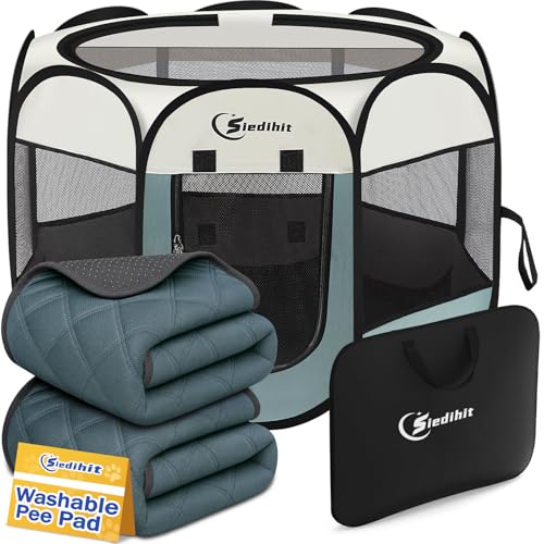 Image of Siedihit Dog Playpen with 2 Washable Pee Pad, Puppy Pet Cat Playpen Small AnimalsTent Crate Indoor /Outdoor, Portable Pop Up Kennel with Carrying Case(Grey with 2 Pads, Small)