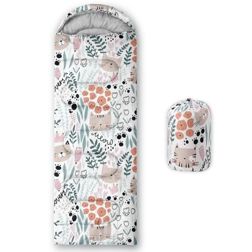 HOSIMA Saco de dormir para niños y niñas, estampado de gatos, ligero, cálido, portátil, para interiores y exteriores, impermeable, resistente al frío, para camping, senderismo (gatos-e)