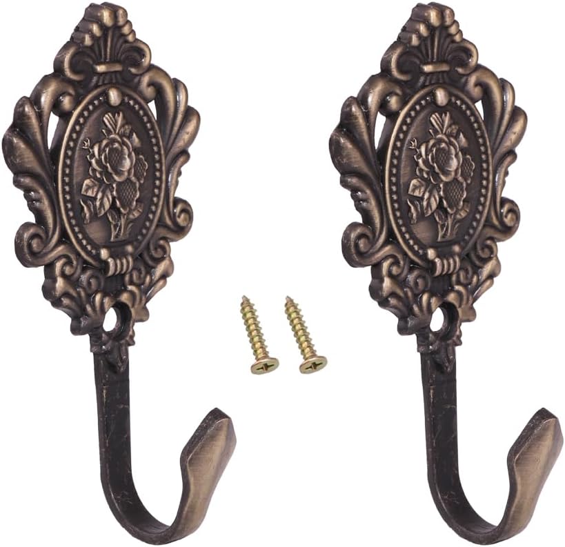 Vintage Rose Pattern Carved Wall Hooks (2Pcs) - Decorative Curtain Holdbacks & Multi-Purpose Hooks for Keys, Coats, Bathroom, Bedroom - Antique Style Wall Mount Hangers with Screws Included - Bronze