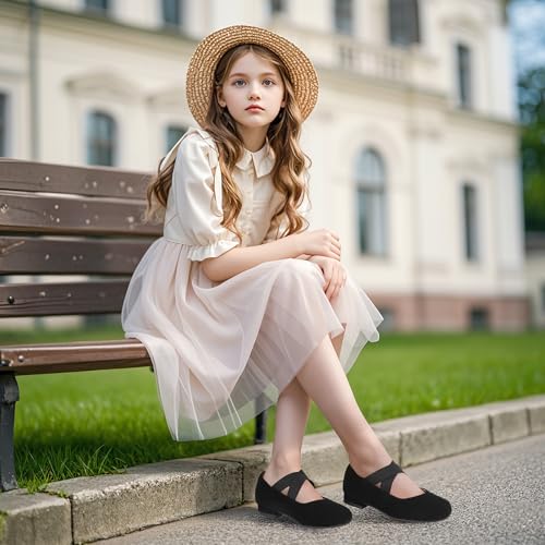 PANDANINJIA Girls Dress Shoes Ballet Flats Mary Jane Elastic Cross Strap Little Big Kid Low Heels Flower Girl Shoes2