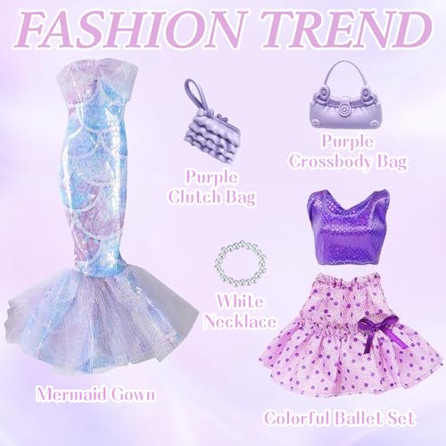 Rosa Puppenkleidung für 11,5 Zoll Puppen Kompatibel mit Barbie, Prinzessinnenkleid Grob Gestricktes Set Bühnenkleid Halsblütenblatt Set Meerjungfrauenkleid Ballett Set 10 Accessoires für Mädchen