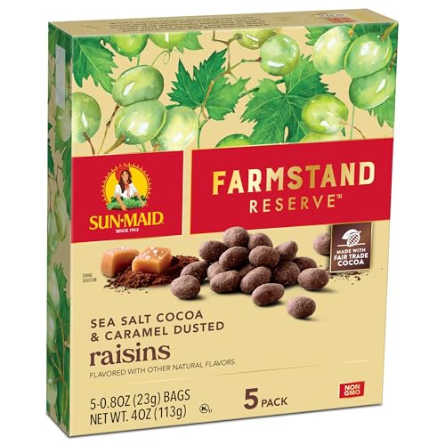 Image of Sun-Maid Farmstand Reserve Sea Salt Cocoa & Caramel Dusted Raisins - (5 Pack) 0.8 oz Snack Bag - Cocoa Covered Fruit Snack