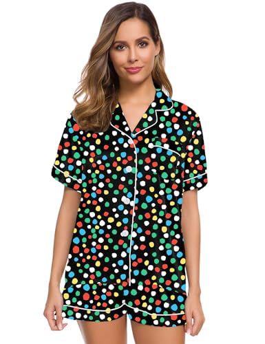 Image of SWOMOG Womens Silk Satin Pajamas Set Short Sleeve Sleepwear Button Down Top and Shorts Loungewear 2 Piece Pjs Set XS-3XL L v-painted Dots Medium