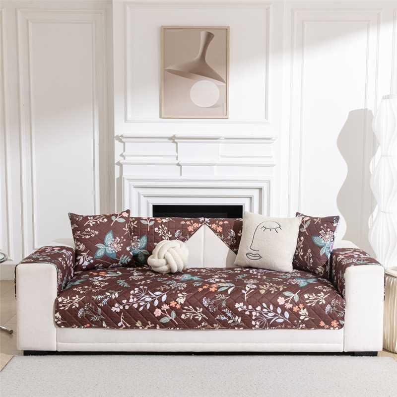 Image of HOMETHREADS Premium Style Anti Slip Sofa Cover Set | Cotton Sofa Slipcover | 1Pc Front Cover with Attached Armrest + 1Pc Back Cover (Dark Brown Flower, 3 Seater | 175x185cm)