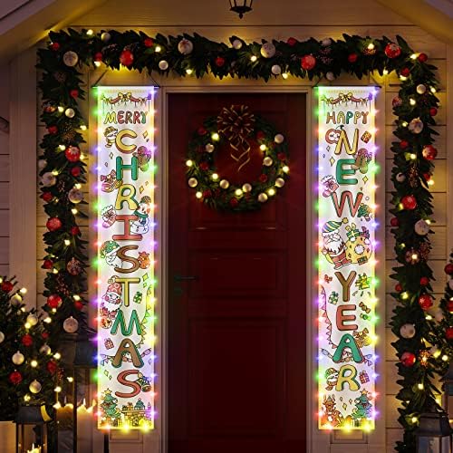 Christmas Decorations Reversible Design Porch Banner with Light Strip Decor Christmas Decorations Porch Sign For Yard Outdoor & Indoor, Christmas Decorations Outdoor Indoor Gifts（Battery Not Included）