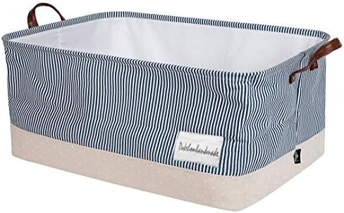 DOKEHOM 22-Inches X-Large Storage Basket with Lid, Drawstring Canvas Underbed Storage, Collapsible Laundry Hamper for Clothes (Navy Blue, XL)