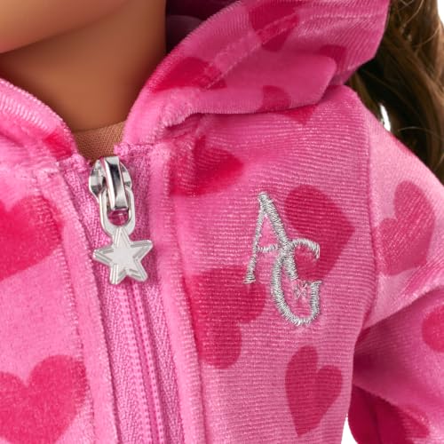 Image of American Girl Truly Me 18-inch Doll #131 with Brown Eyes, Straight Blonde Hair, Light-to-Medium Skin + Pink Hearts Hoodie Dress with Sunglasses, for 18-inch Dolls, Ages 6+ Bundle