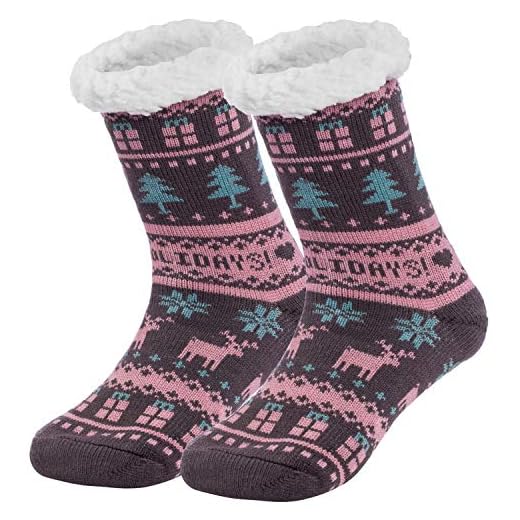 Ferocity Femmes Fairisle Noël Chaussettes Slipper avec doublure en polaire douce - antidérapantes dans une boîte cadeau Model 6 [033]